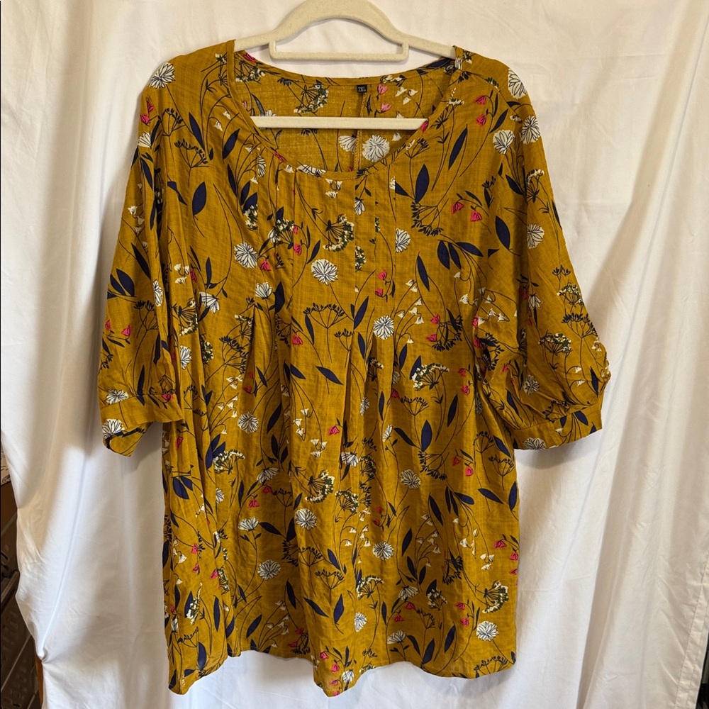 Woman’s 2XL Mustard Floral Peasant Blouse Boho Balloon Sleeve